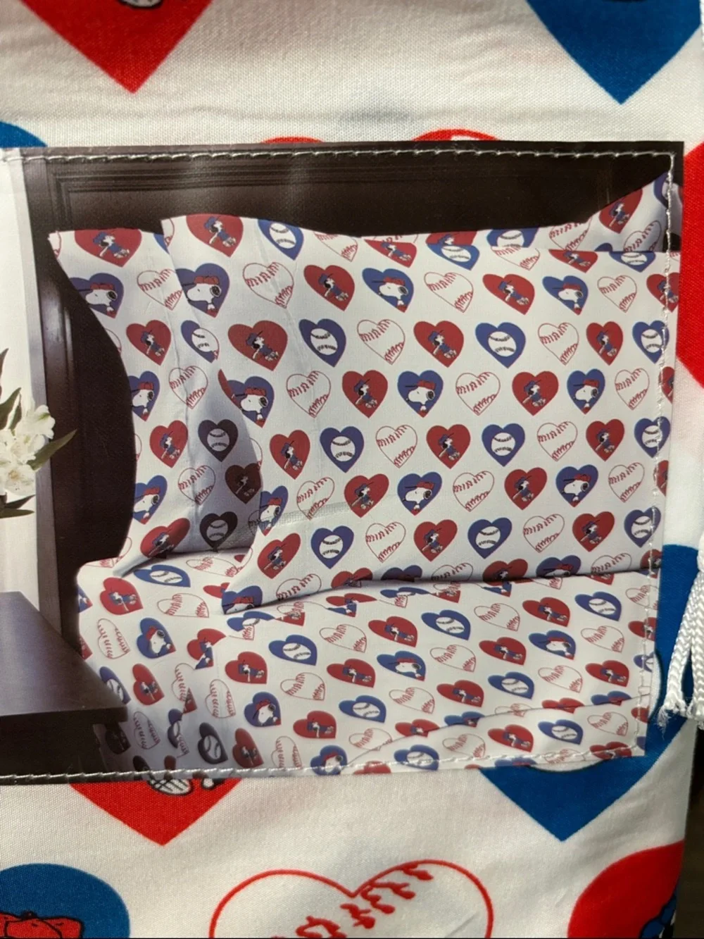 NEW Peanuts Snoopy Queen Sheet Set Red, Blue & White Heart Baseball Print
